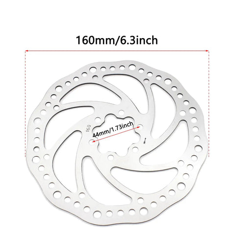 Disc Brake Rotor 160mm With Six Bolts Stainless Steel for MTB Mountain Road BMX Bikes shown with dimensions.