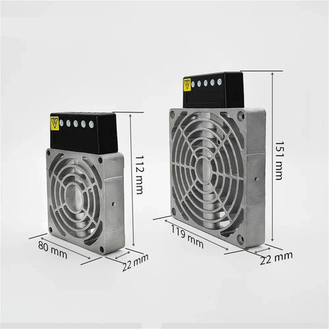 Heavy Duty Cast Aluminum Electric Air Heater Compact Distribution Box showing two sizes with dimensions labeled.
