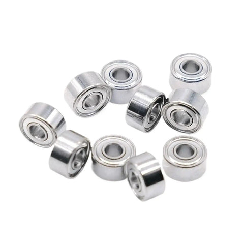 Ten Pack 3x8x4mm Shielded Ball Bearings 693ZZ Pre Lubed For RC Cars And Drones, Small Motors, Ultra Quiet, Low Friction, High Speed, Built To Last, Durable Sealed Bearings. Ten sealed steel bearings on white background