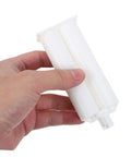 Dual Component Epoxy Adhesive Cartridge Kit With Reliable Flow Control That Works Like A Boss Ten Pack Mixing Tubes For Precise Bonding High Volume Dispensing For Arts And Crafts And Industrial Glue Projects Standard Nozzle Compatibility, white plastic mixing tube in hand