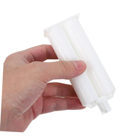Dual Component Epoxy Adhesive Cartridge Kit With Reliable Flow Control That Works Like A Boss Ten Pack Mixing Tubes For Precise Bonding High Volume Dispensing For Arts And Crafts And Industrial Glue Projects Standard Nozzle Compatibility, white plastic mixing tube in hand