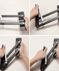 Two Pack Hydraulic Lift Top Hinges For Coffee Tables Featuring Quiet Soft Close Action And Smooth Glide Motion, showing hands operating heavy-duty steel hinges.