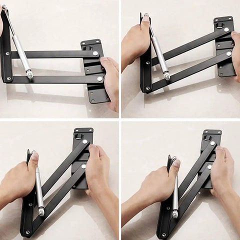 Two Pack Hydraulic Lift Top Hinges For Coffee Tables Featuring Quiet Soft Close Action And Smooth Glide Motion, showing hands operating heavy-duty steel hinges.