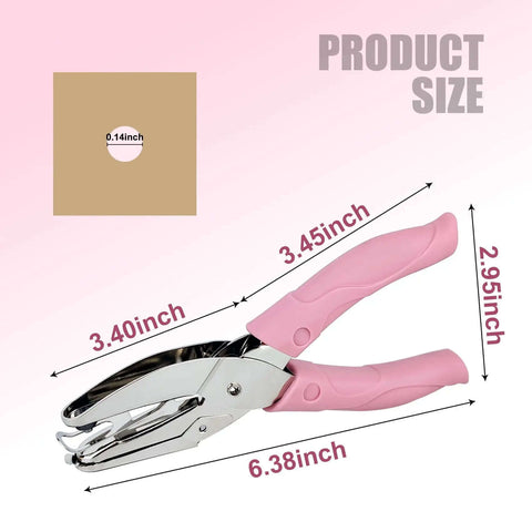 Handheld Circle Hole Punch One Ninth Inch Three Mm tool with pink grip, showing dimensions, ideal for paper and PVC card projects