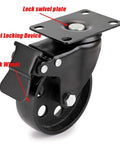 Heavy Duty 4 Inch Cast Iron Swivel Plate Caster with Dual Locking Brakes for Tables and Carts, close-up view of locking mechanism.