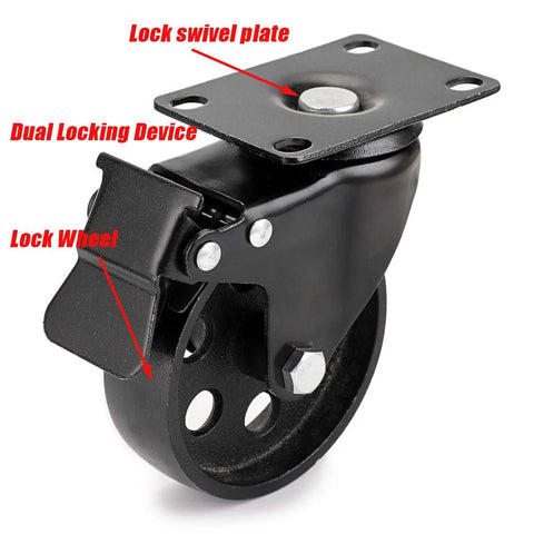 Heavy Duty 4 Inch Cast Iron Swivel Plate Caster with Dual Locking Brakes for Tables and Carts, close-up view of locking mechanism.