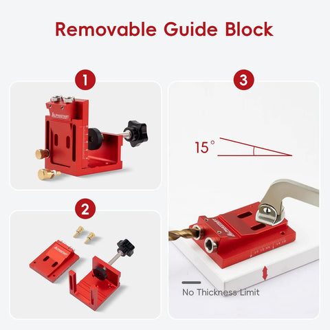 Badass Pocket Hole Jig Kit With Adjustable Drill Guide for Tight Woodworking Joints, featuring removable guide block for precision cuts.