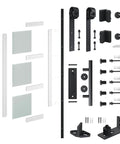 38 X 84 Inch Three Lite Frosted Glass and Wood Paneled Barn Door With Installation Hardware Kit components