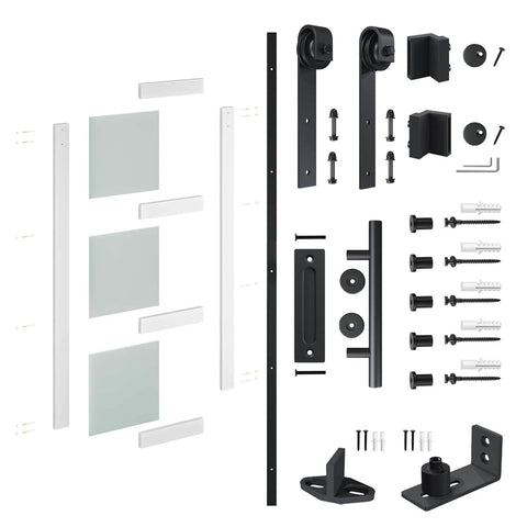 38 X 84 Inch Three Lite Frosted Glass and Wood Paneled Barn Door With Installation Hardware Kit components