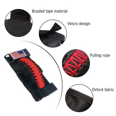 Two Pack Roll Bar Grab Handles For Jeep Wrangler Trail Ready Grip, Oxford Cloth With Metal Buckle Paracord detailing and design