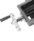Detail of the threaded clamping mechanism of a 4 Inch Cross Slide Drill Press Vise XY Two Way Milling Vice Heavy Duty Cast Steel Mount.