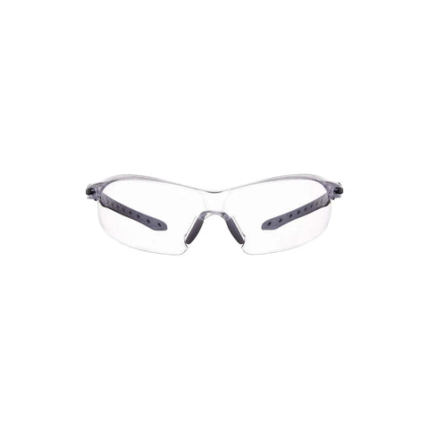 Front view of shooting safety glasses with anti fog lenses for range and hunt, ANSI Z87.1 Plus rated, clear lenses, rugged black and gray frames.