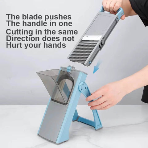 Blue mandoline slicer with detachable blades and clear feed chute, front view