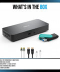 Next Level Thunderbolt 5 Smart Dock Multiport Hub Delivering Dual 8K Monitor Support And Beefy 300W Power Delivery Plus HDMI DP Cables And 128Gb Flash Drive displayed with cables and flash drive.