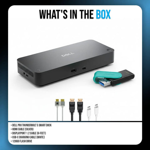 Next Level Thunderbolt 5 Smart Dock Multiport Hub Delivering Dual 8K Monitor Support And Beefy 300W Power Delivery Plus HDMI DP Cables And 128Gb Flash Drive displayed with cables and flash drive.