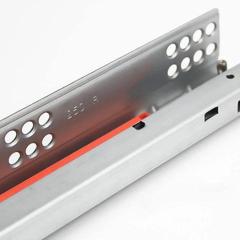Heavy Duty Undermount Drawer Slides With Push To Open Design showcasing a close-up of silver steel rail with holes.