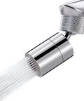 Dual Function Chrome Kitchen Faucet Aerator With 360 Swivel Spray in use with strong water flow visible