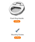 Flush Ring Pull Handles Set Of 3 43.5mm Zinc Alloy Dark Silver with screws, ideal for drawers and sliding doors