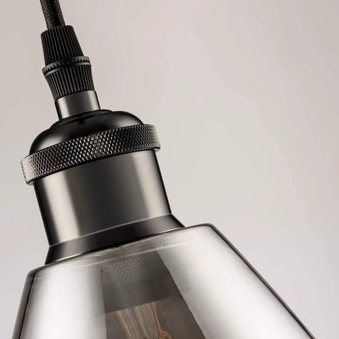Close-up of Three Pack Industrial Glass Pendant Lights For Kitchen Island With Teardrop Chrome Mirror Finish Dope Edison Hanging Fixtures