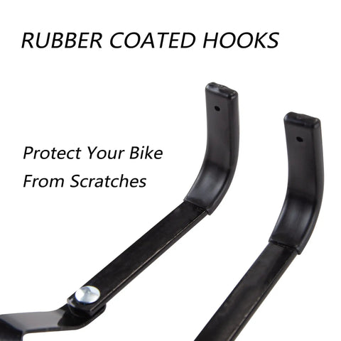 Rubber coated hooks of Dual Pack Ceiling Bike Hoists For Garage Storage, Heavy Duty Bicycle Lift With Safe Lock, Space Saving