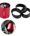 Air Intake Turbonator With Dual Fans For Turbocharged Engines Gas Saver Upgrade To Boost Throttle Response And Power Delivery Street Proven Performance Parts For Supercharger Style Engine Enhancement, red aluminum single unit with black ring adapters, handheld view.