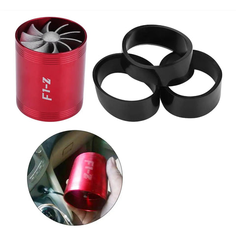 Air Intake Turbonator With Dual Fans For Turbocharged Engines Gas Saver Upgrade To Boost Throttle Response And Power Delivery Street Proven Performance Parts For Supercharger Style Engine Enhancement, red aluminum single unit with black ring adapters, handheld view.