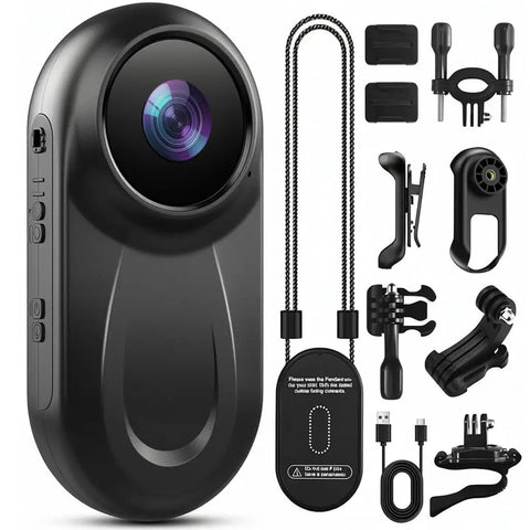 Ultra Compact 1080P Body Camera With 512GB Built In Storage Hands Free Vlogging 360 Degree Rotating Clip Magnetic Clip Wearable Action Cam For Travel And Motorcycle SD Card Not Included, shown with mounting accessories.