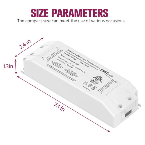 60W Plug And Play Triac Dimmable LED Driver Power Supply 120V to 24V Transformer size dimensions illustration ETL Class 2