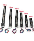 Various sizes of mini linear rail guide slide actuators with T6x1 lead screw, high-torque NEMA11 motor, shown in 50mm to 300mm lengths.