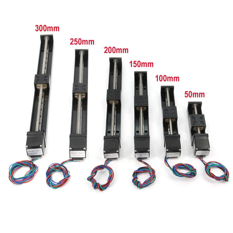 Various sizes of mini linear rail guide slide actuators with T6x1 lead screw, high-torque NEMA11 motor, shown in 50mm to 300mm lengths.