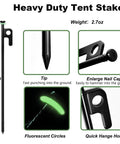 24 Pack Tent Stakes 12 Inch Heavy Duty Forged Steel Stakes That Are Tough As Nails with features like fluorescent rings and nail cap.