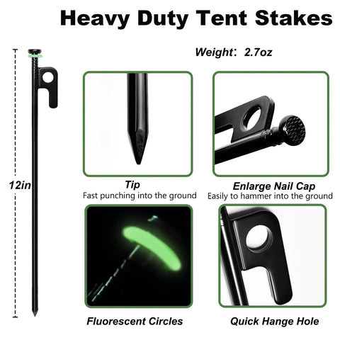 24 Pack Tent Stakes 12 Inch Heavy Duty Forged Steel Stakes That Are Tough As Nails with features like fluorescent rings and nail cap.
