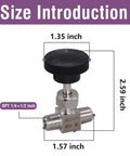 Dialed In Needle Valve NPT 1/4 Inch Male Thread Flow Control Valve with size dimensions labeled for precise measurement.