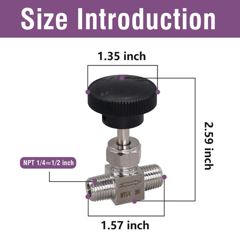 Dialed In Needle Valve NPT 1/4 Inch Male Thread Flow Control Valve with size dimensions labeled for precise measurement.