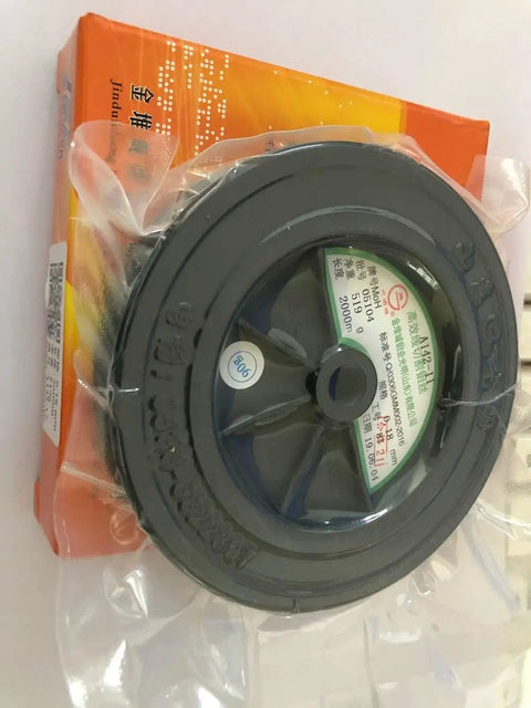 Pro Grade Molybdenum Wire 0.18mm Diameter, 2000m spool, black plastic reel for EDM Wire Cutting Machines, packaging visible