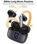 True Wireless Bluetooth Earbuds With 60 Hours Of All Day Juice And Dual Led Power Display Featuring IPX5 Waterproof Rating Portable Wireless Charging Case Built In Microphone For Phone Laptop And Gym Workouts Total Game Changer with charging case showing battery display.