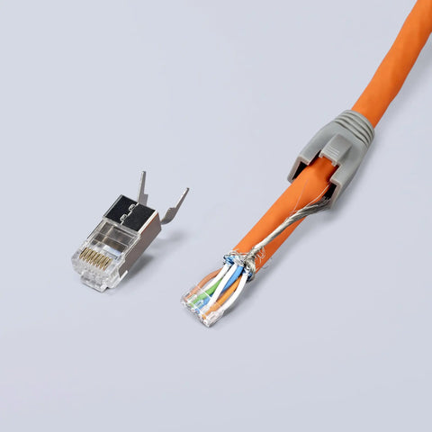 RJ45 Western Plug Crimping Pliers, 7 And A Half Inch, 8P8C Pro Grade Network Tool with exposed Ethernet cable and plug