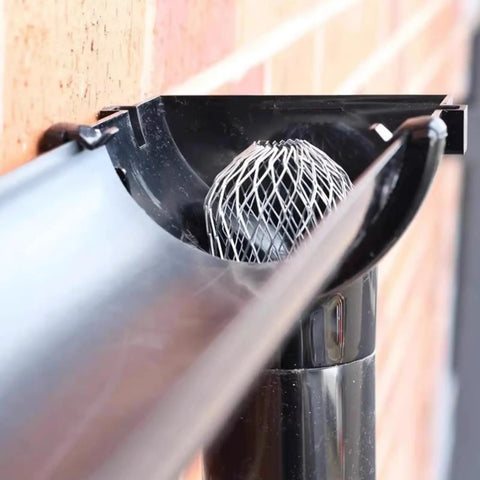 Six Pack Downspout Guard Filter Set Aluminum Gutter Strainer Mesh Screens Expandable Downspout Protector installed in gutter