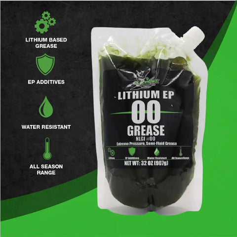 Pro Grade Lithium EP00 Grease For Centralized Lubrication Systems And Gear Boxes 32 Oz EZ Squeeze Pouch with label details.