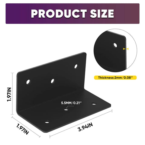 16 Piece Rock Solid L Bracket Set 2 By 2 By 4 Inch 14 Gauge Steel Corner Bracket with matte black finish, showing size and thickness.