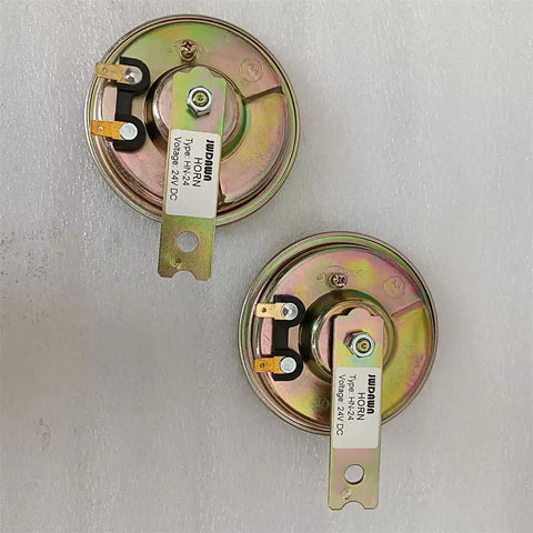 Heavy Duty 24 Volt Forklift Horn Loudspeaker Set With Blasting 110db Output showing two durable horns with mounting tabs for industrial use.