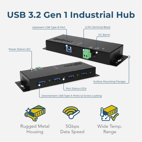 4 Port USB 3.2 Gen 1 Industrial Hub In Rugged Metal Case With Screw Lock Cable Option Beastly Fast 5Gbps Data Transfer diagram