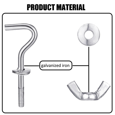 Heavy Duty Hammock Hardware Kit Eight Piece Set With Four Umbrella Screw Knobs And Four Hooks For Hammock Stands And Swing Chairs, made of galvanized iron, showing material details.