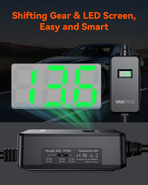 OBD Hardwire Power Cable With LED Screen, 10ft USB C, showing voltage on green LED display for parking mode surveillance