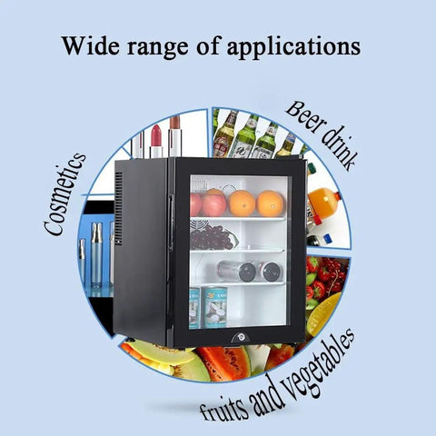 Compact Upright Mini Freezer Featuring A Sleek Black Glass Door With Energy Efficient Cooling That Runs Dead Quiet At Twenty Eight Decibels Ideal For Dorms Offices Or Small Bedrooms With Plug And Play Design showing various items inside.