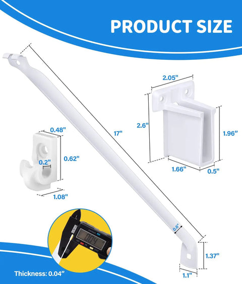 Six Pack White Wire Shelf Brackets For Twelve Inch Closets With Heavy Duty Anchors Screws And Clips laid out, showing dimensions and features.