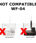 Image showing two non-compatible water flosser models, WF-04 white and black, not compatible with Travel Ready Water Flosser Charger Adapter Replacement.