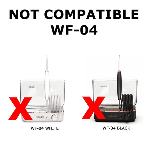 Image showing two non-compatible water flosser models, WF-04 white and black, not compatible with Travel Ready Water Flosser Charger Adapter Replacement.