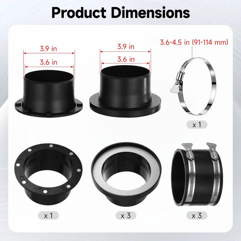 Product dimensions of Tressify One To Multi Dust Collection Starter Kit components including four inch adapters.