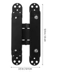 Front view of a black Beefy Heavy Duty Concealed Door Hinge For Wood Doors Adjustable Multi Directional Invisible Cross Hinge 180 Degree Swing Load Bearing 40kg Metal Hinge For Home Interiors, measuring 5.9 in x 2.5 in.